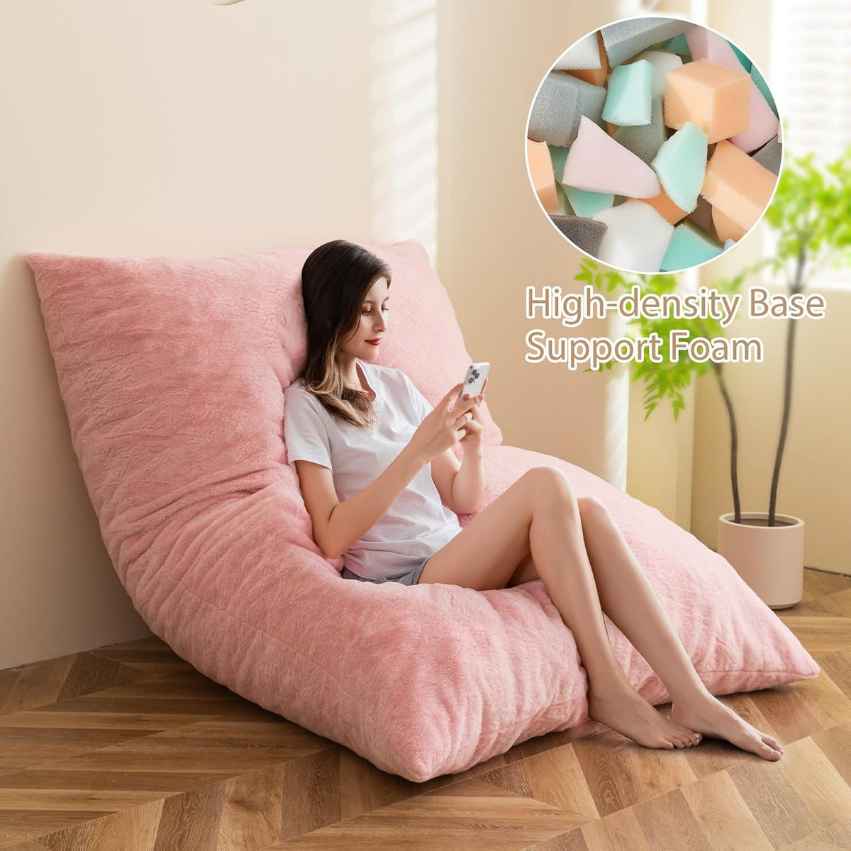 BYBYME 3 in 1 Bean Bag Chair, Convertible Chair Folds from Bean Bag to Lounger, High-Density Foam Filling, Faux Fur Big Sofa Bed, Giant Bean Bag Chair Bed for Adults