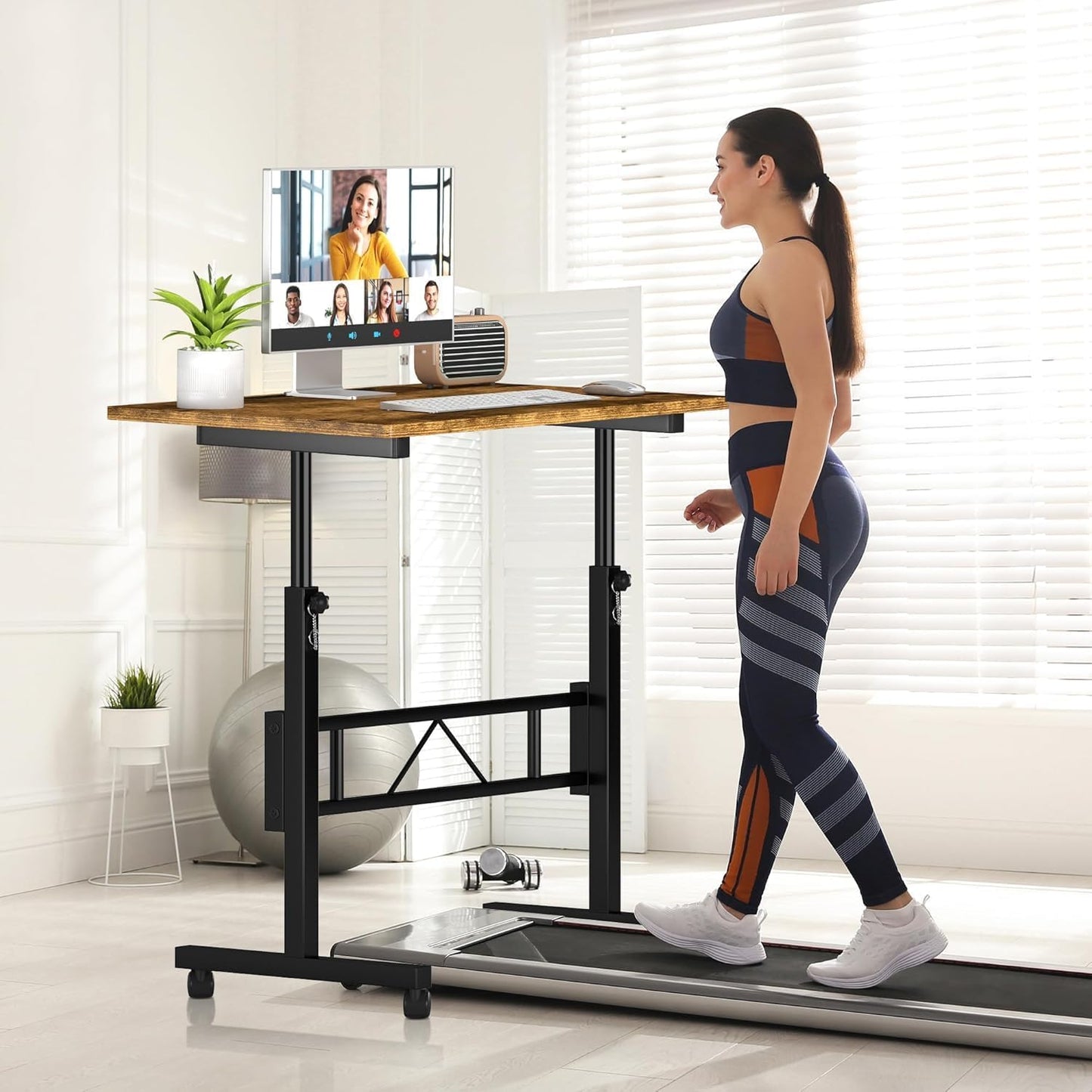 Klvied Small Standing Desk Adjustable Height, Mobile Table with Wheels, Portable Laptop Table, Standing Computer Desk for Walking Pad (Brown)