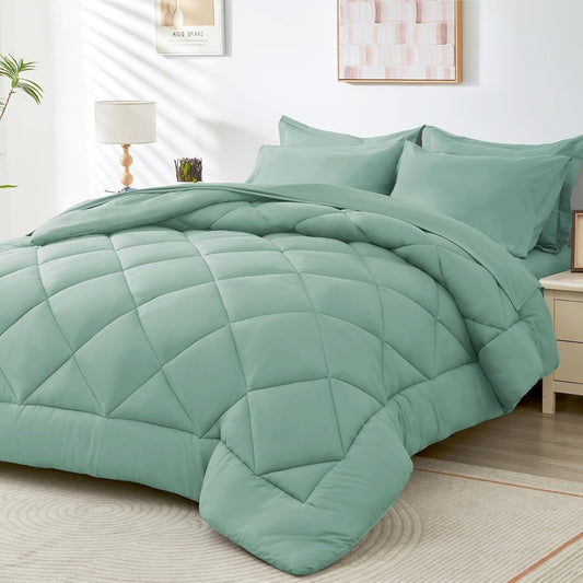 HEVUMYI Sage Green Full Comforter Set - 7-Piece All Season Bed in a Bag Full, Ultra Soft Bedding Set with Comforter, Flat Sheet, Fitted Sheet, Pillowcases, Pillow Shams, Sage Green