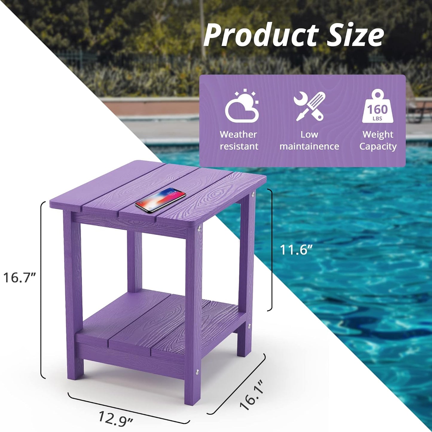 LUE BONA Adirondack Outdoor Side Table, 2-Tier Purple HDPS Patio End Table Weather Resistant, Morden Side Table for Patio, Pool, Porch