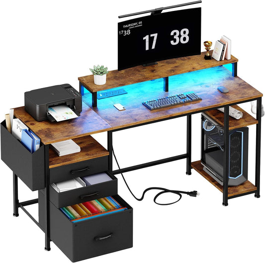 Lufeiya Gaming Desks with Led Lights and Power Outlets, 55 Inch Study Writing Computer Desk with Fabric File Drawers Cabinet for Bedroom, Home Office Desk with Shelves Monitor Stand, Rustic Brown