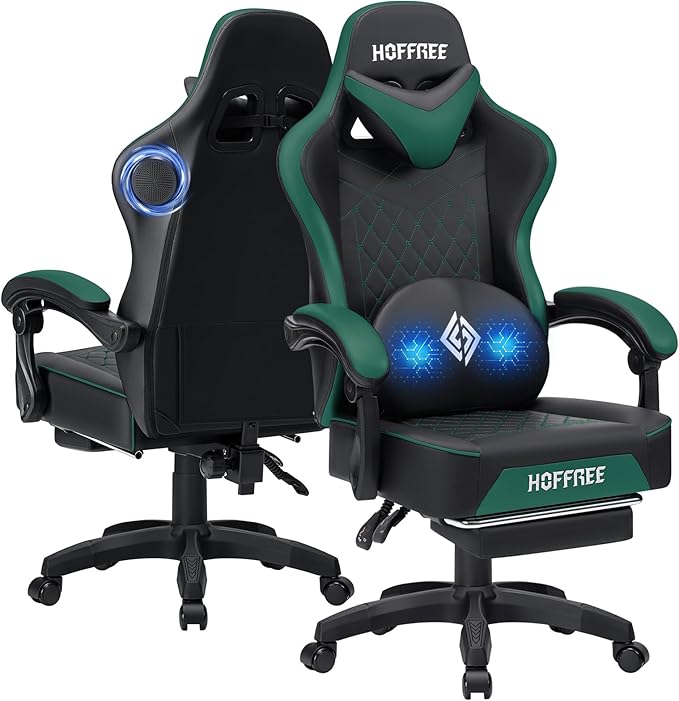 HOFFREE Gaming Chair with Speakers Massage Computer Gaming Chair with Pocket Spring Cushion for Adults Reclining Gamer Chair with Bluetooth Video Game Chairs with Footrest Green and Black