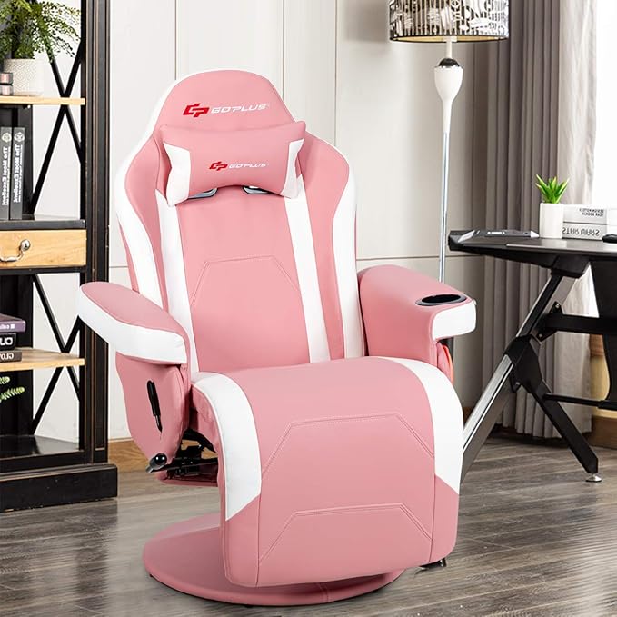 POWERSTONE Gaming Recliner Massage Gaming Chair with Cup Holder Ergonomic PU Leather Single Sofa with Footrest and Side Pouch, Adjustable Living Room Chair Home Theater Seating (Pink)