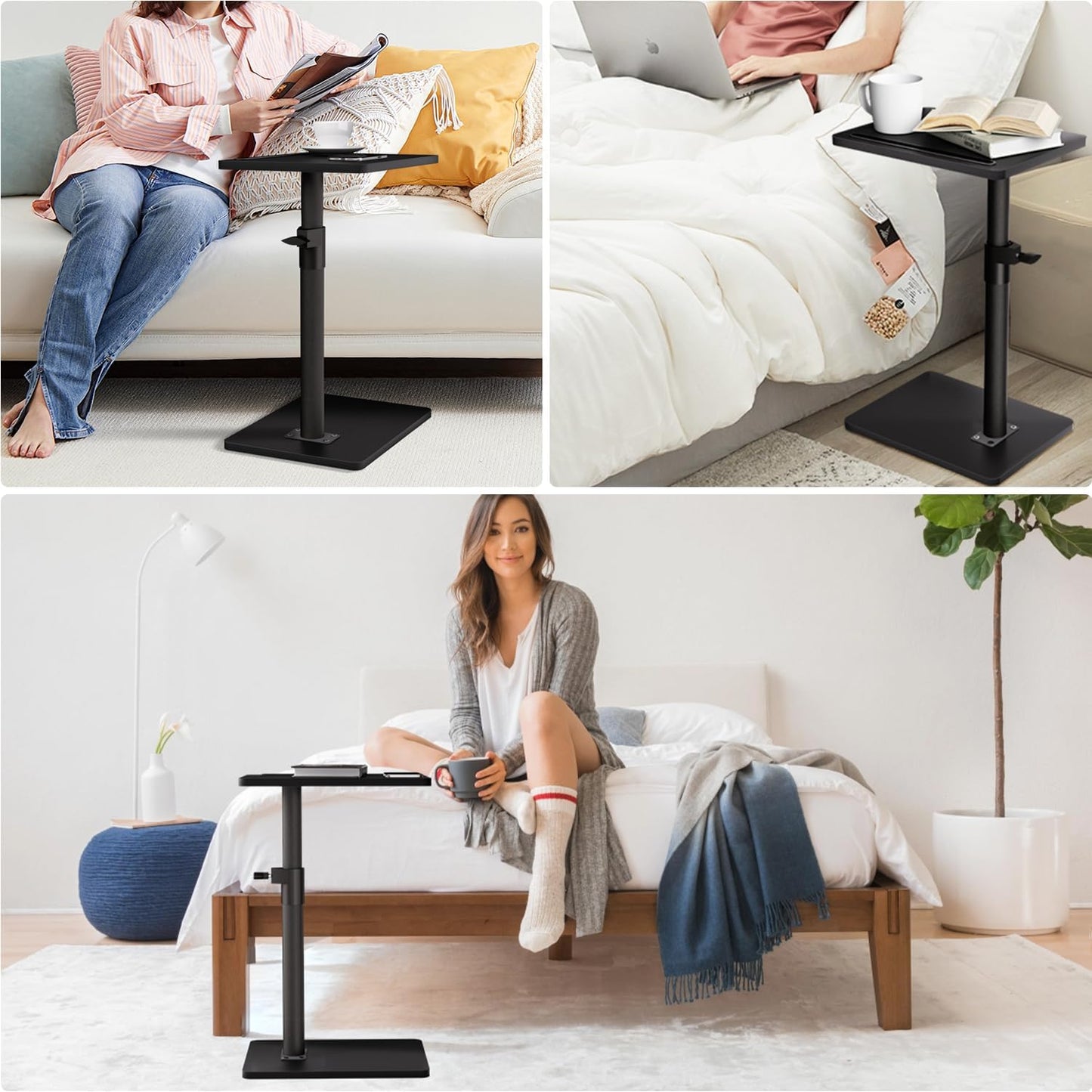Sofa Armrest Tray Table for Couch - 360° Swivel Height Adjustable End for Small Spaces, Snack Side Table for Bed or Chair with Phone & Tablet Slot (Black,Standard)