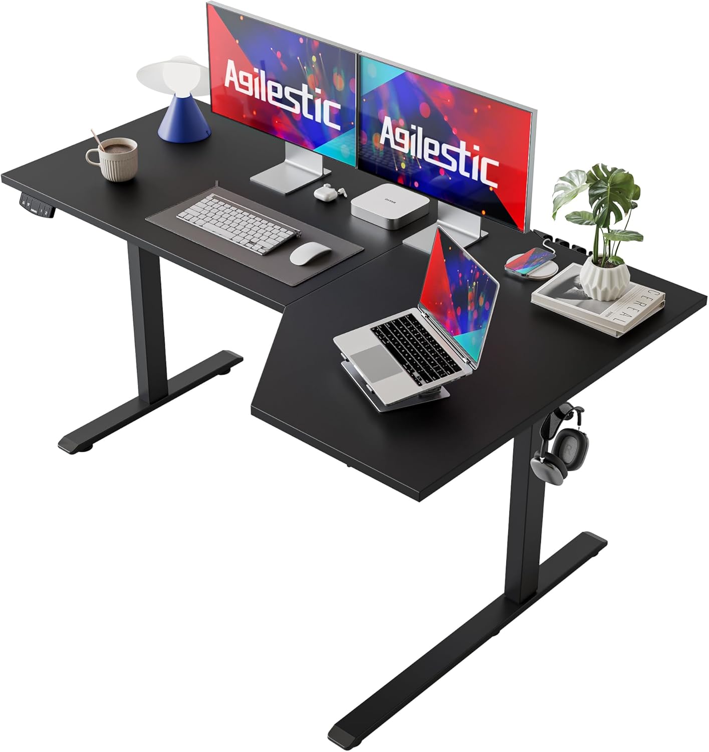 Agilestic Electric Standing L-Shaped 59 Inches Height Adjustable Desk, Sit and Stand up Desk for Work Office Home, Ergonomic Rising Computer Table for Home Office with Splice Board, Black