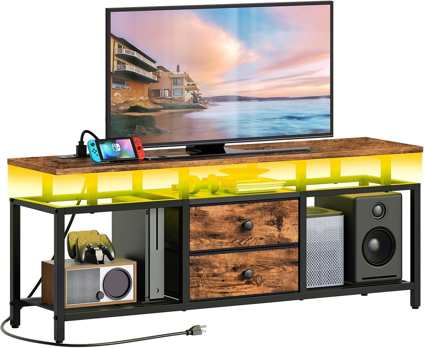 TV Stand with LED Light and Power Outlets, Entertainment Center with Fabric Drawers and Open Shelves, 41.7" TV Cabinet for TVs up to 45 Inch, Media Console for Living Room, Brown DS03UDBR