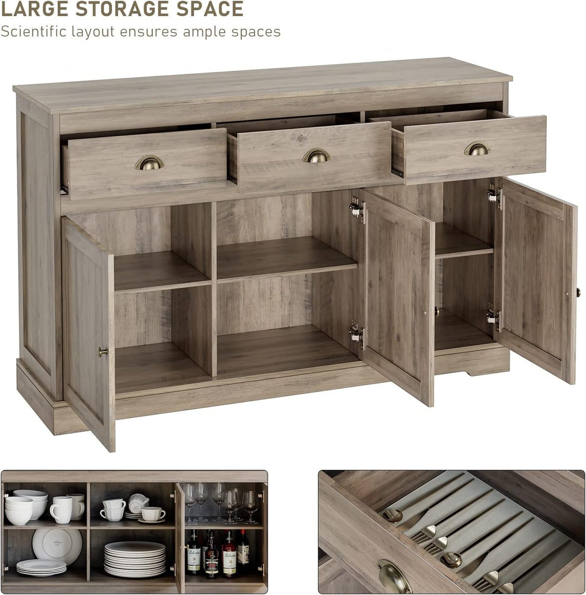 Keyluv Buffet Storage Cabinet, Sideboard Farmhouse Server Bar Wine Cabinet with 3 Drawers & 3 Doors Adjustable Shelves Console Table for Kitchen, Dining Living Room Cupboard, Grey Wash