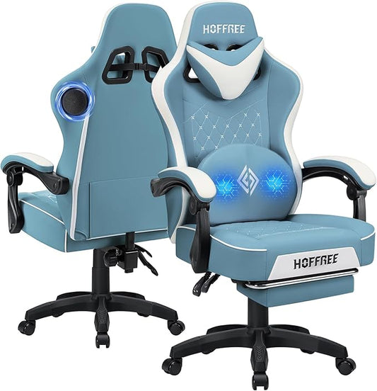 HOFFREE Gaming Chair with Speakers Massage Computer Gaming Chair with Pocket Spring Cushion for Adults Reclining Gamer Chair with Bluetooth Video Game Chairs with Footrest Stone Blue and White