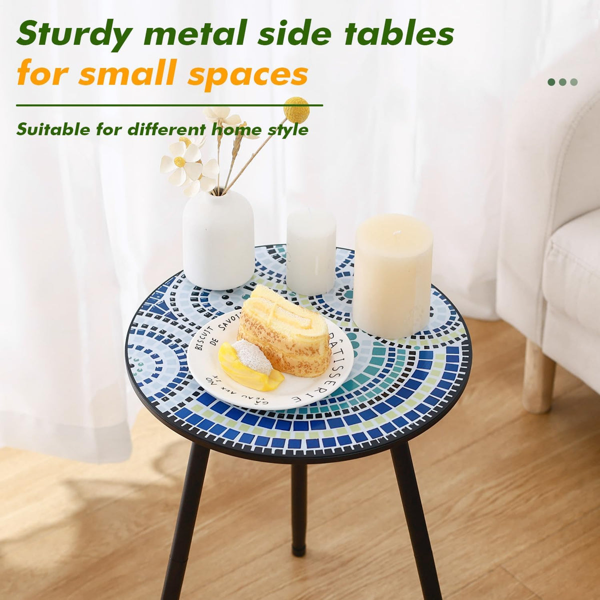 2 Packs Metal Mosaic Round Side Tables 13.4" Small Outdoor Patio Round Accent Coffee Tables Indoor Corner Stand for Small Spaces Weather-Resistant for Balcony, Porch Plant Stands Indoor