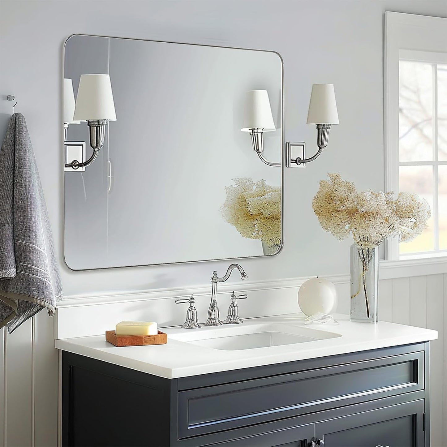 ANDY STAR Chrome Bathroom Mirrors for Over Sink, 30x30 Inch Polished Silver Mirror for Wall, Square Metal Framed Vanity Mirror -Modern Clean Design with Superior Stainless Steel Frame
