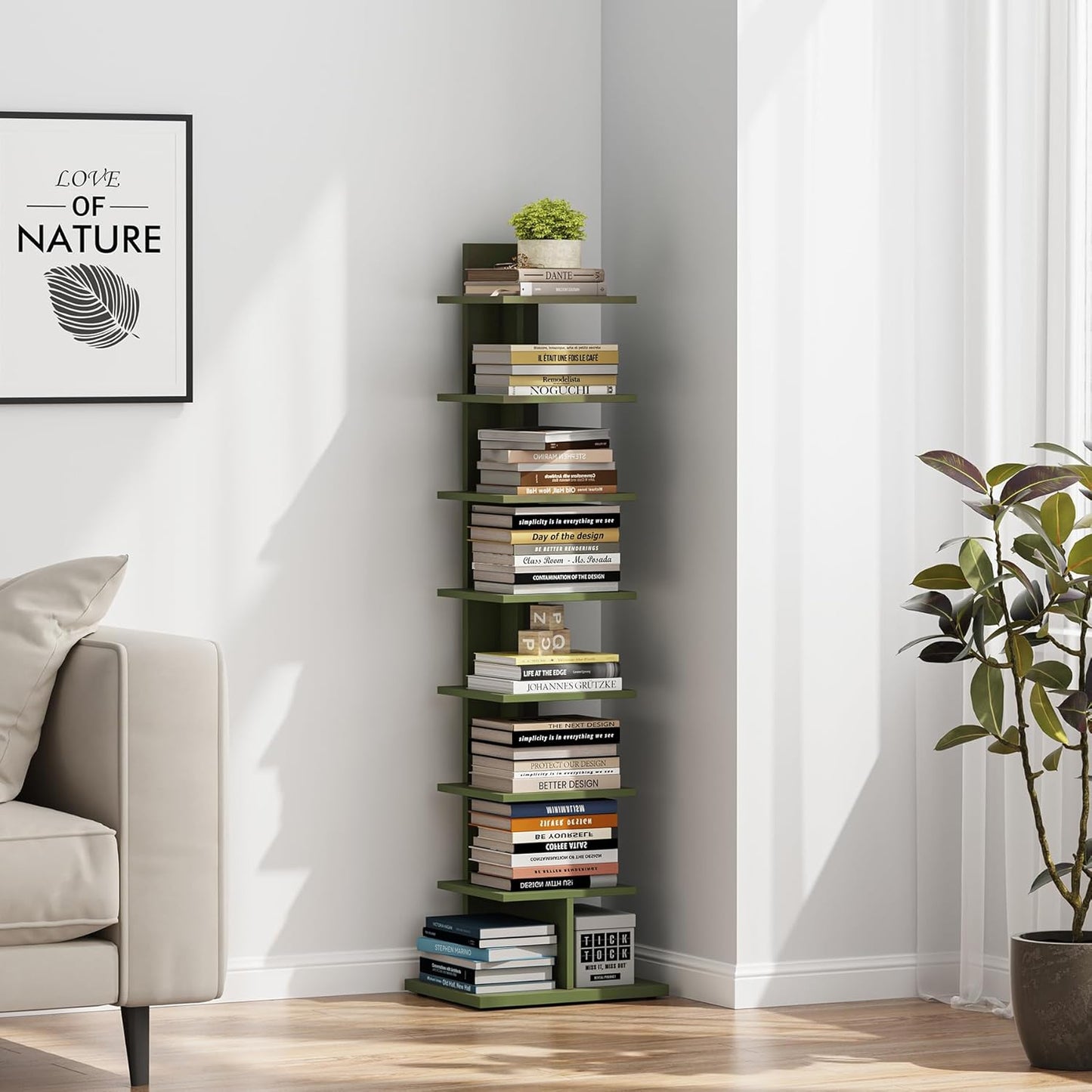 TUTOTAK Bookshelf, 8-Tier Bookcase, Narrow Spine Book Shelf for Small Space, Corner Standing Shelf for Living Room, Office, Study, Entryway, Olive Green BS06BOG008