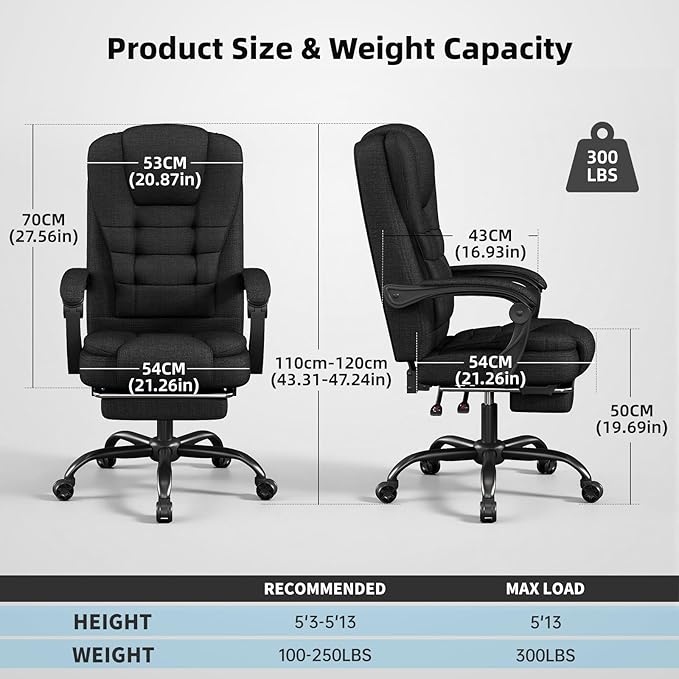 Office Chair, Big and Tall Fabric Gaming Chair with Footrest, Executive Comfortable Computer Desk Chairs, 360° Swivel Base & Height Adjustable Executive Chairs for Adults, Gamer Chair & Silla Gamer