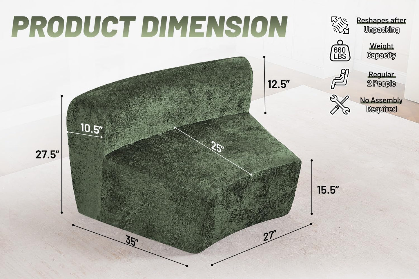 Homguava Modular Sectional Sofa, Memory Foam Couch Single Sofa Chair with Deep Seat, Modern Upholstered Sofa Couches for Living Room Apartment Office, No Assembly Required, Green
