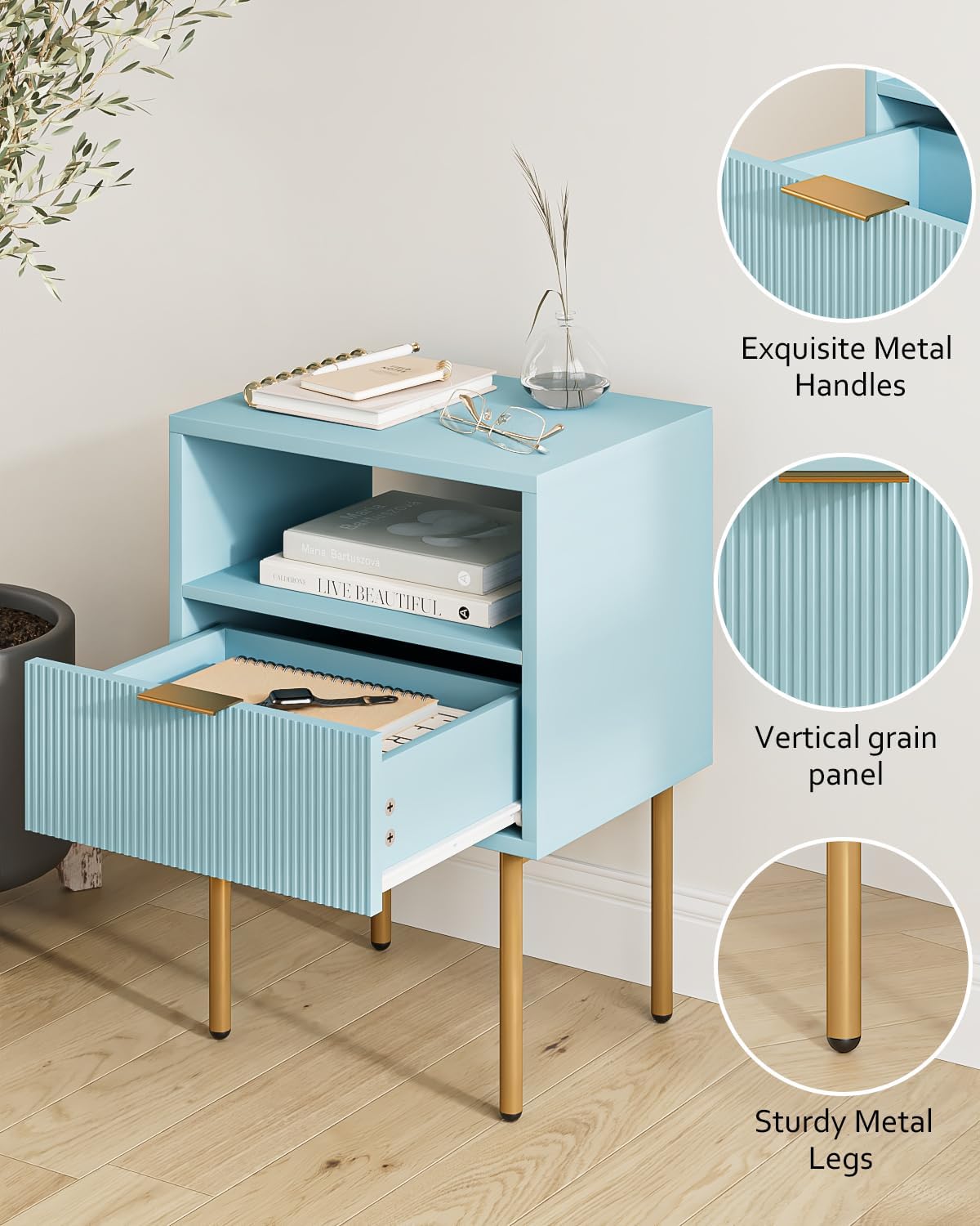 Masupu Night Stand,Mid-Century Modern Bedside Table with Storage Drawer and Open Wood Shelf,Small Gold Frame Side Table for Bedroom,Living Room, Blue
