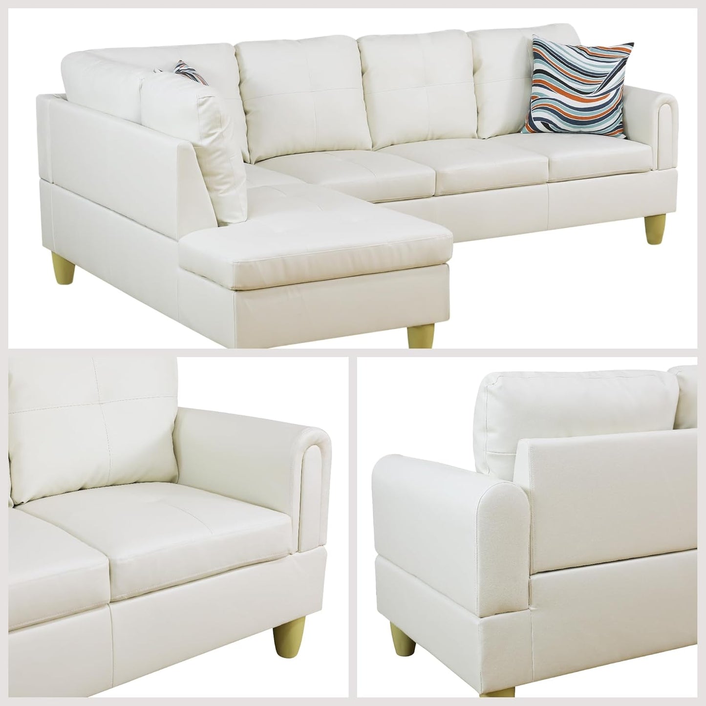 L Shaped Couch Sectional Couches with Chaise, 3 Pieces Modular Convertible Sofa for Living Room Furniture Sets and Small Apartment Faux Leather, White