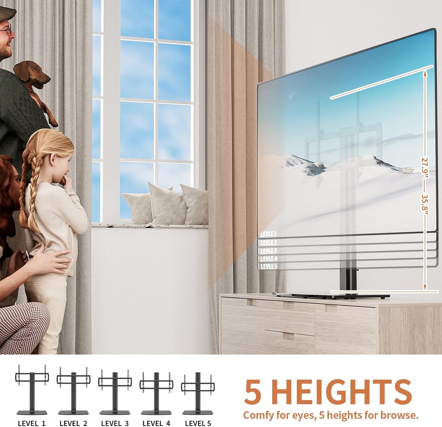 Universal TV Stand/Base Tabletop TV Stand with Wall Mount for 40 to 86 inch 5 Level Height Adjustable, Heavy Duty Tempered Glass Base, Holds up to 132lbs Screens, HT03B-003