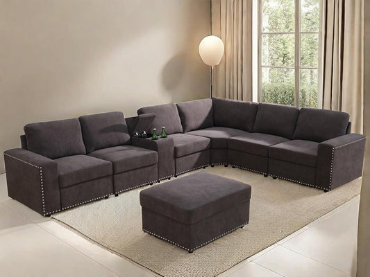 Sectional Couches for Living Room, Modular Sectional Sofa with Ottoman, Modern Nail-Head Design Large Corner L Shaped Couch with Cup Holder for Bedroom, Brown