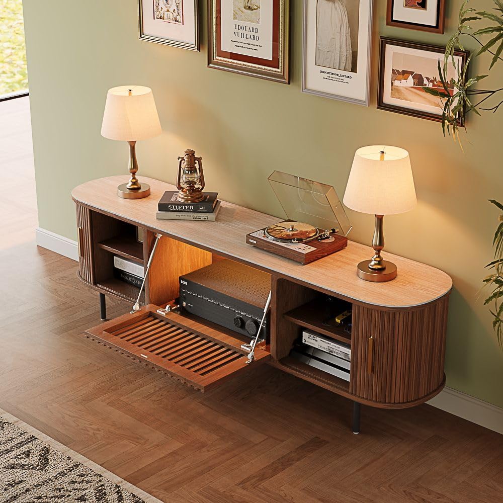 POVISON Fully-Assembled Mid Century Modern Black TV Stand with White Matte Travertine Stone Tabletop & LED Lights, Rolling Door Media Console, Wood TV Console for Living Room