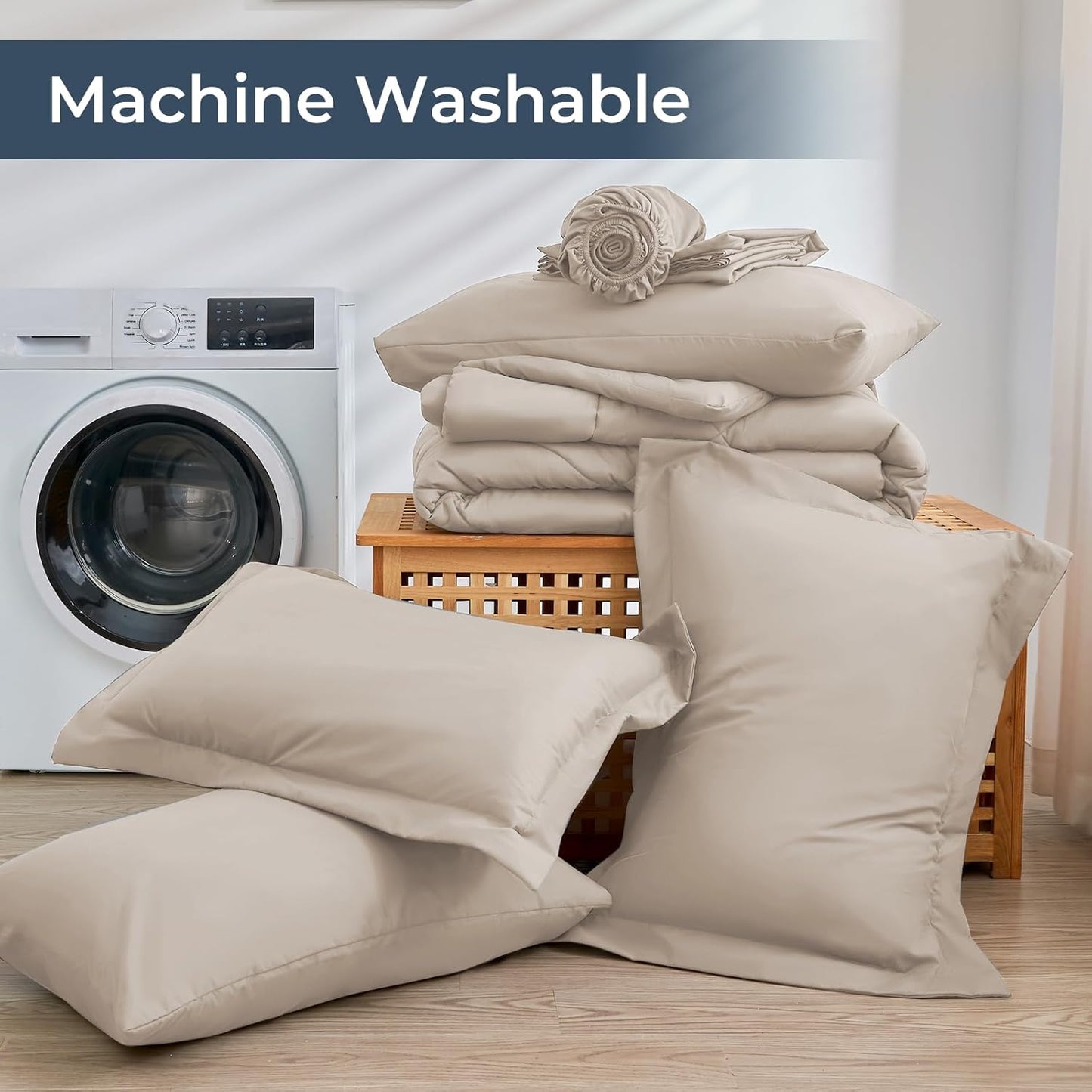 HEVUMYI Khaki Cali-King Comforter Set - 7-Piece All Season Bed in a Bag Cali-King, Ultra Soft Bedding Set with Comforter, Flat Sheet, Fitted Sheet, Pillowcases, Pillow Shams