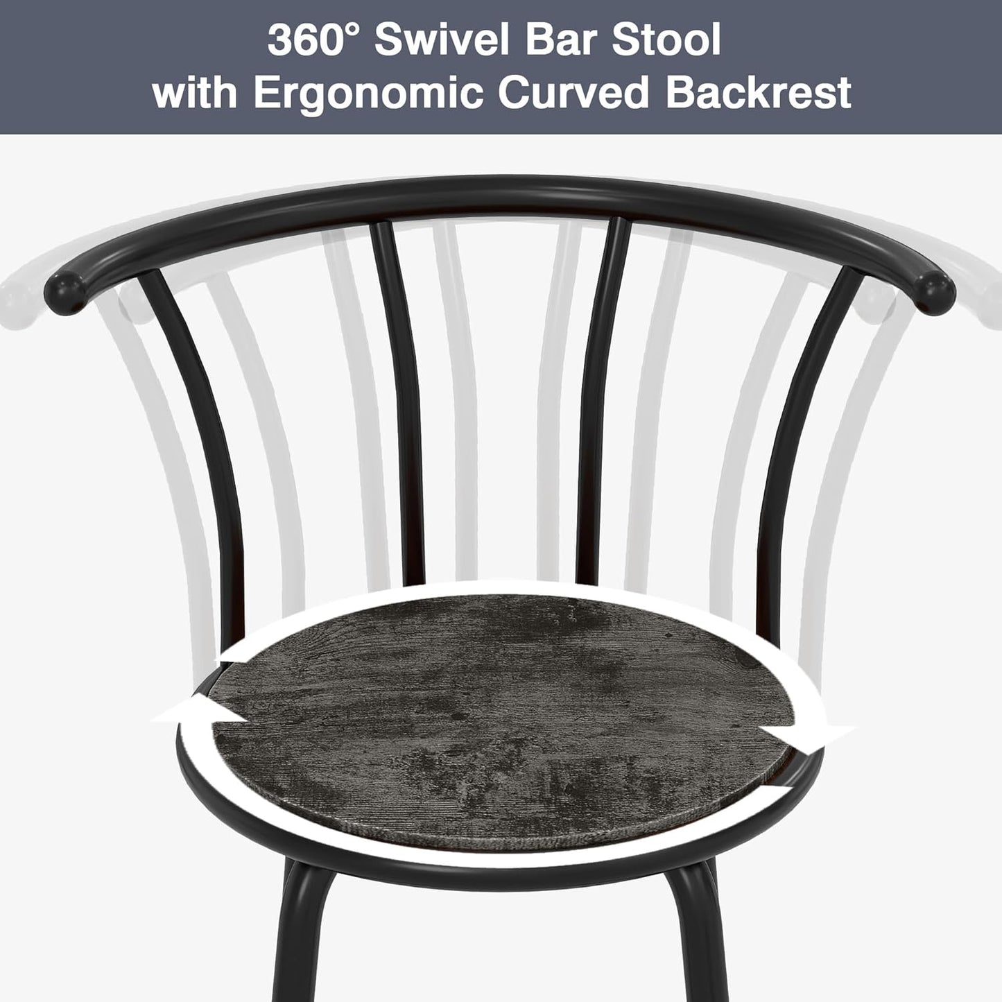 VECELO Bar Stools Set of 2, Swivel Counter Barstools with Backrest, Bar Height Chairs for Dining Room, Kitchen Island, Pub, Easy Assembly, Retro Grey