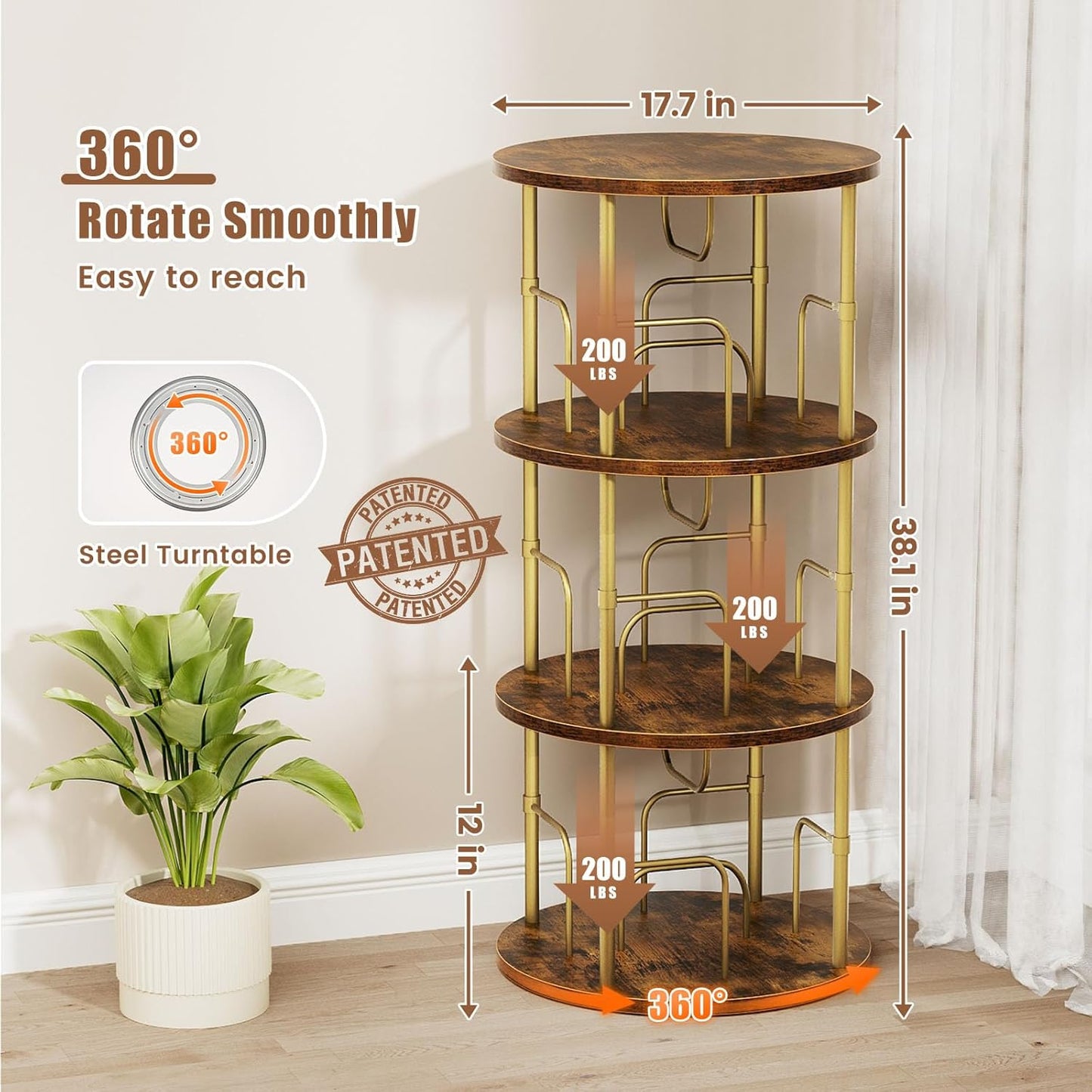 Rotating Bookshelf, 3 Tier Round Revolving Bookcase with Special Visible Partition Storage, 360° Display Spinning Bookshelf Tower Storage Organizer Rack for Bedroom, Living Room, Small Space, Gold