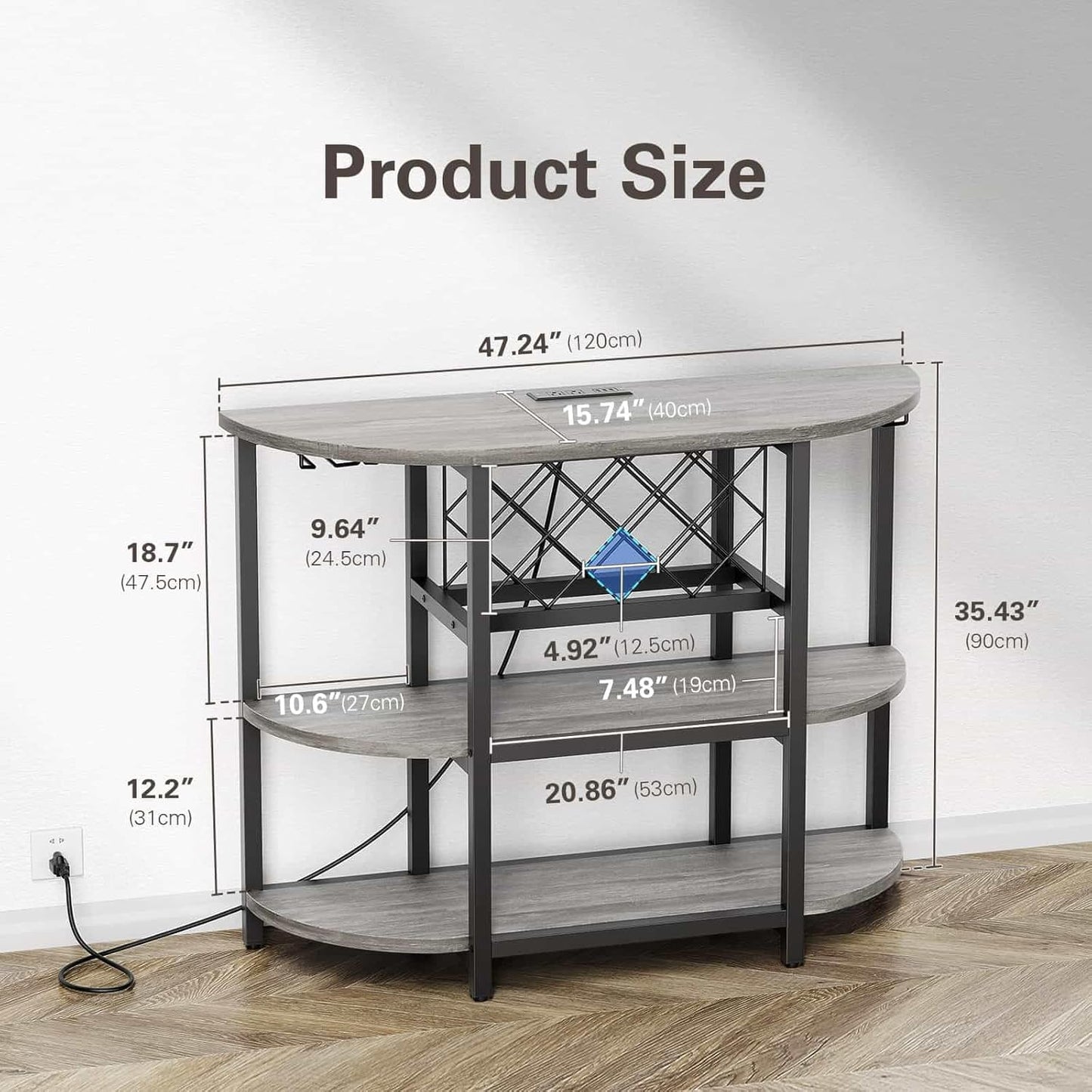 Zarler Bar Cart with Power Outlet Easy to Assemble, LED Home Bar Cabinet for Liquor, 47.3" L x 15.8" D x 36" H Metal Mini Bar Table with 4-Tier Storage, Grey