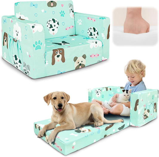 Kids Couch, 2-in-1 Kids Fold Out Sofa, Convertible Toddler Couch to Lounger for Girls and Boys, Soft Toddler Chairs Comfy 1-3 Years Old (Green Dog)