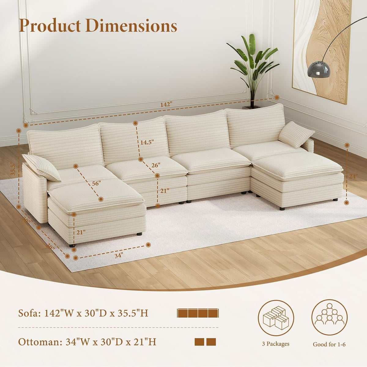 Vesgantti 142" U Shaped Sectional Couch, Comfy Cloud Modular Sectional Sofa with 2 Ottoman Deep Seat Corduroy Modern Cloud Sofa, Modular Sofas for Living Room, Bedroom and Apartment, Beige