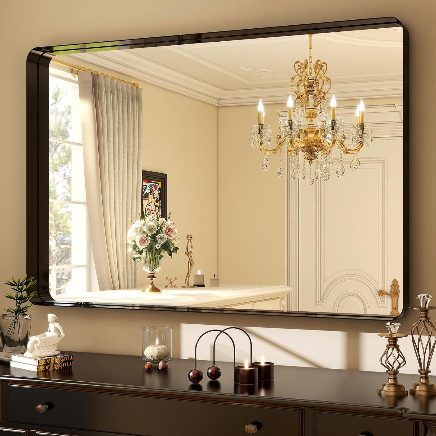 30"x40" Black Bathroom Mirror - Modern Mirror for Wall with Rounded Corners. Bathroom Mirrors for Vanity, Aluminum Alloy Framed Mirror Portrait or Landscape Hang, Rectangle Mirrors