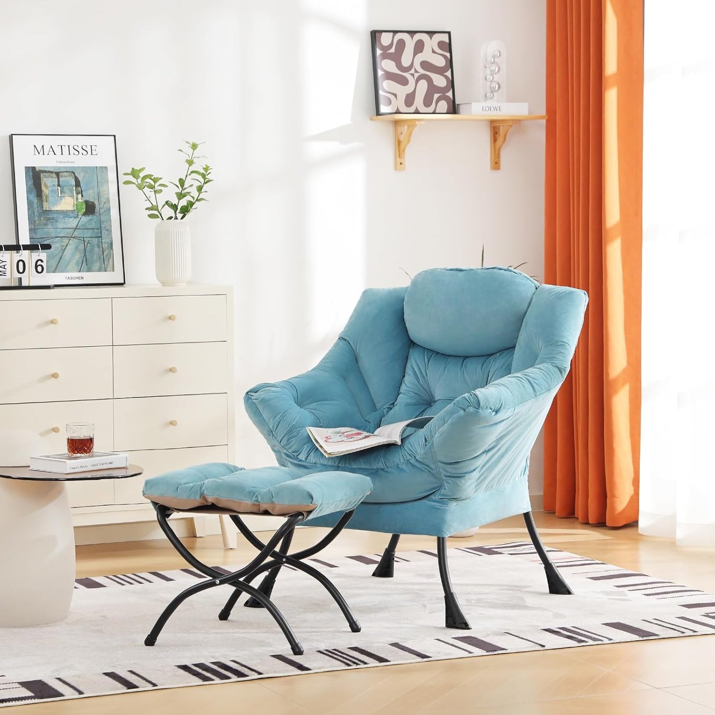 Cozy Lazy Chair and Ottoman, Large Contemporary Accent Lounge Chair Set, Leisure Upholstered Reading Armchair for Bedroom, Living Room, Dorm Rooms, Office