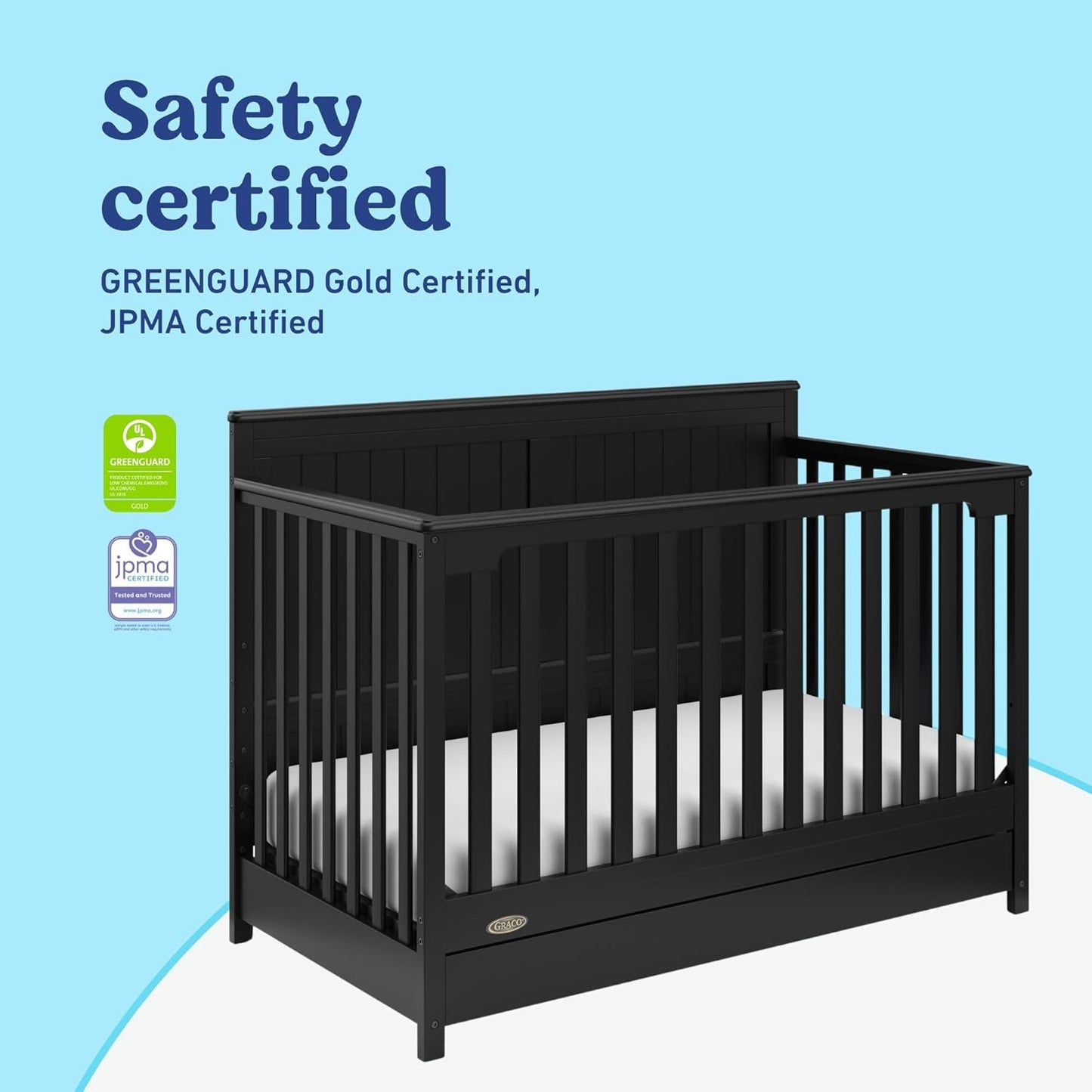 Graco Hadley 5-in-1 Convertible Crib with Drawer (Black) – Combo, Includes Full-Size Nursery Storage, Converts from Baby Crib to Toddler Bed, Daybed