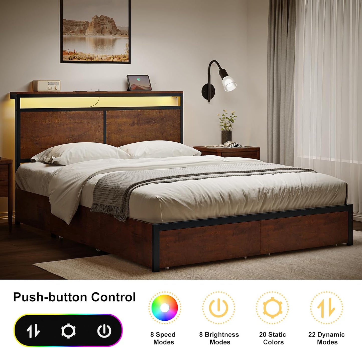 Queen Bed Frame with Storage Headboard and 4 Drawers Bed Frame Queen Size with Charging Station LED Lights Metal Platform Non-Slip Without Noise No Box Spring Needed