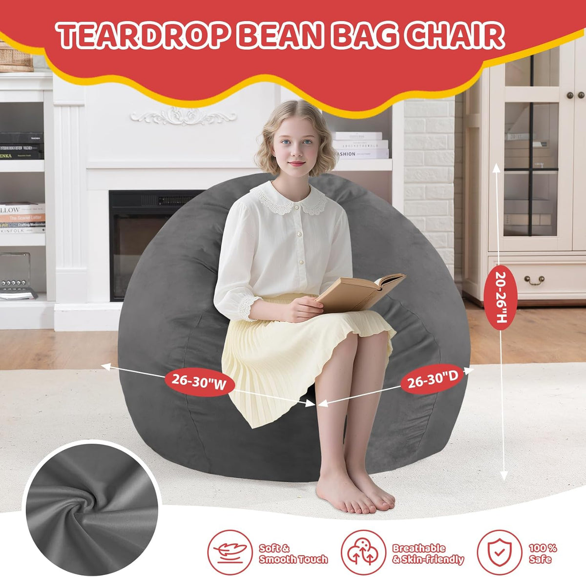 2FT Bean Bag Chair, Comfy Bean Bag Chairs with Memory Foam Filled, Fluffy Beanbag Sofa with Dutch Velvet Cover, Teardrop BeanBag Chairs for Living Room, Playroom - Grey