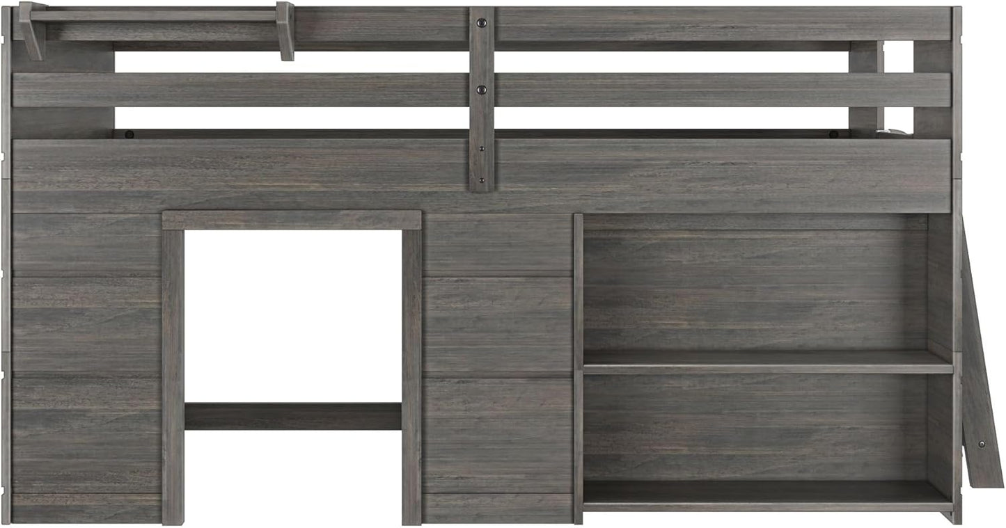 Max & Lily Modern Farmhouse Twin Low Loft Bed with Bookcase - Solid Wood, 15” Guardrails, 400-lb Capacity, Low-VOC Finish, Driftwood