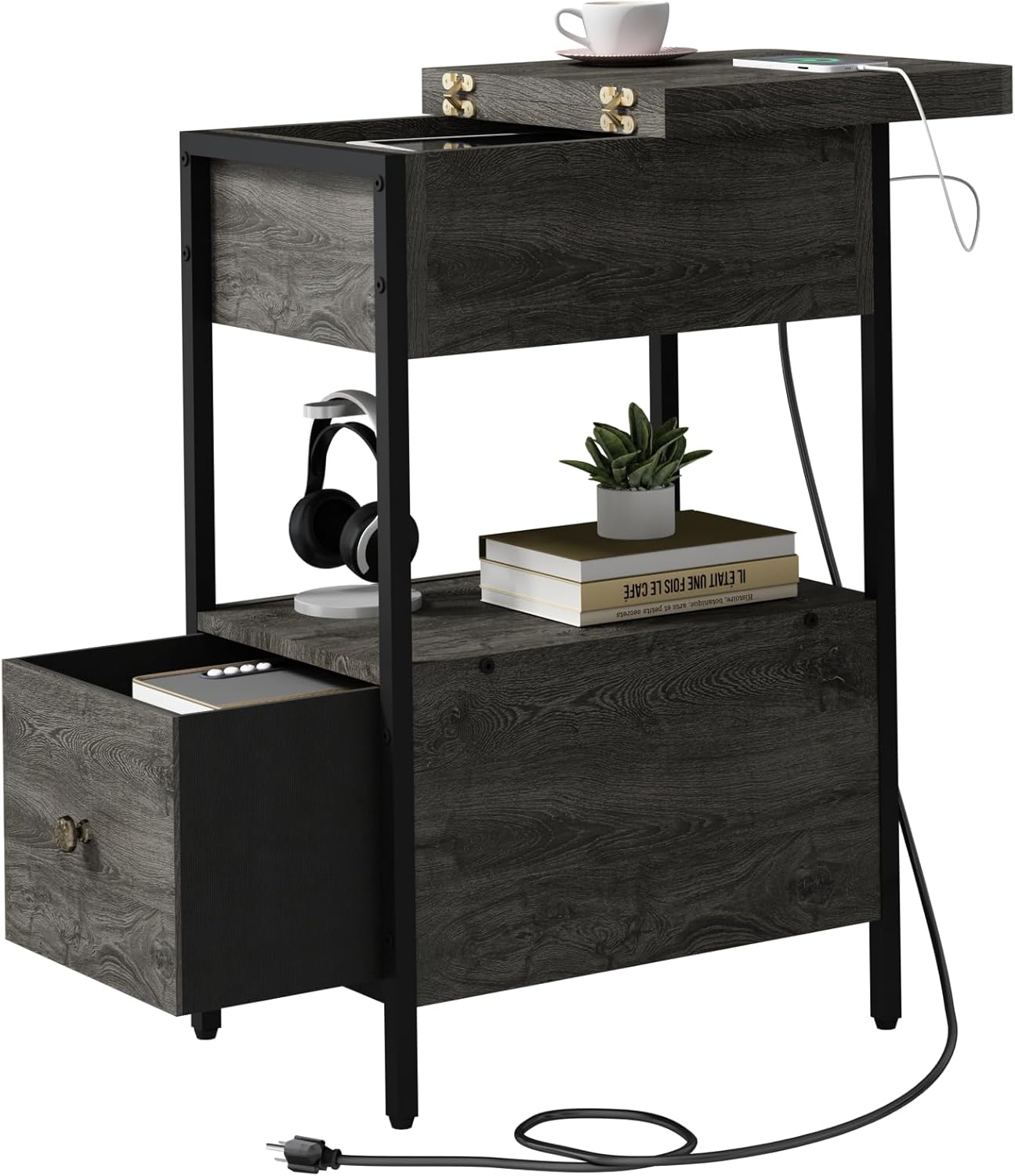 SOOWERY End Table with Charging Station, Narrow Side Table with Flip Top Cabinet and Fabric Drawer, Nightstand Bedside Tables for Small Spaces, Bedroom, Living Room, Dark Grey