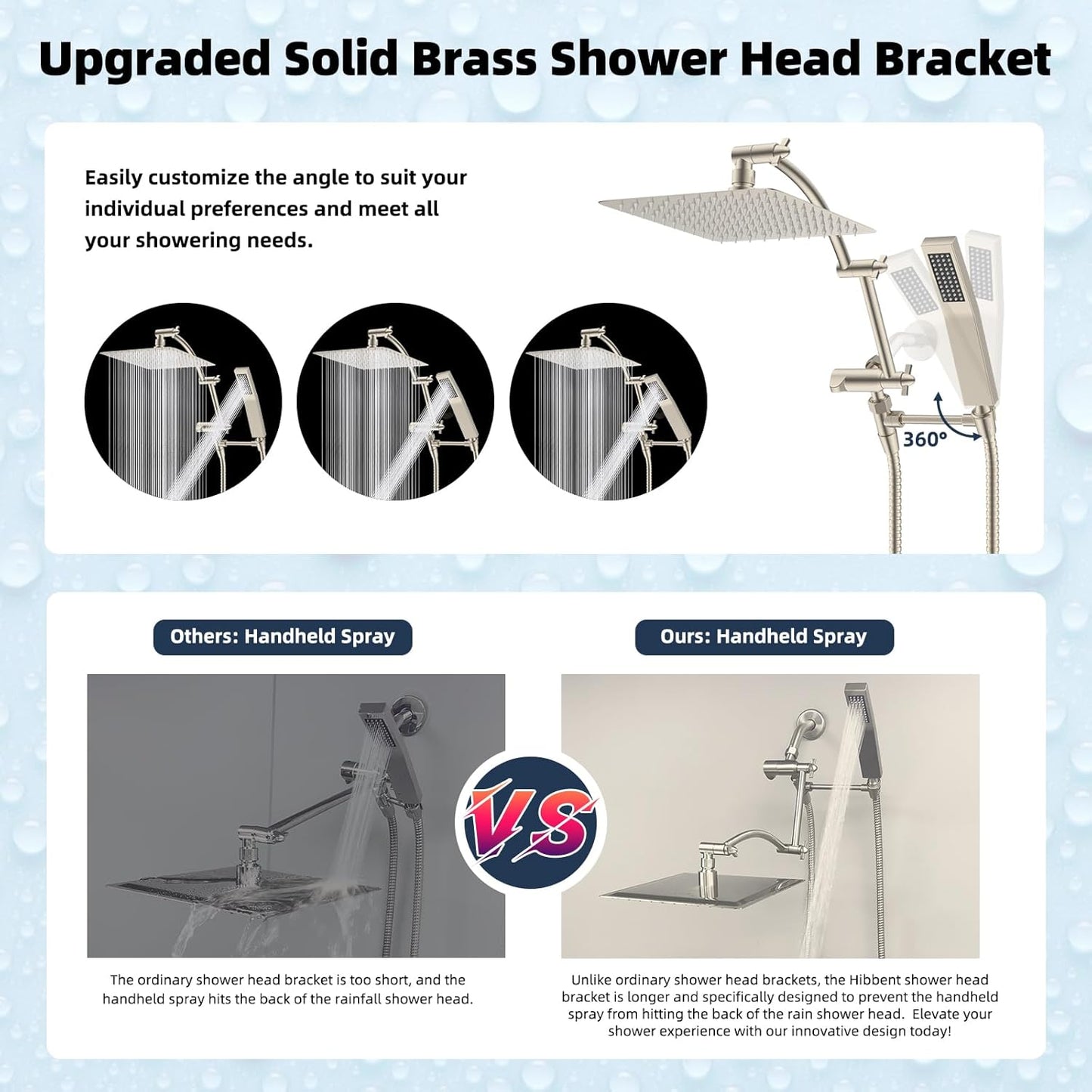 Hibbent All Metal 12'' Rainfall Shower Head, Dual Shower Head Combo, High Pressure Handheld Shower Wand, 16'' Adjustable Arc-shaped Shower Extension Arm, 71'' Hose, Showerhead Holder, Brushed Nickel