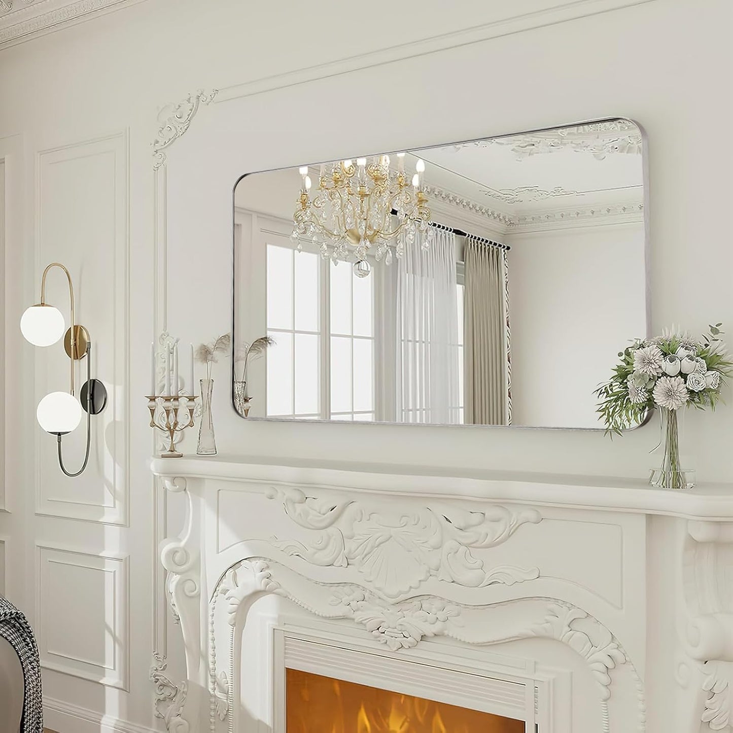 Brushed Nickel Bathroom Mirror, 24x40 Rounded Rectangle Mirror Modern Bathroom Vanity Mirror with Rustproof Alloy Aluminum Frame, Wall Mounted Vertically/Horizontally