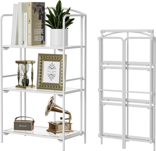 Crofy No Assembly Folding Bookshelf for Living Room, 3 Tier White Collapsible Book Shelf for Home Office, Portable Bookcase Storage Organizer