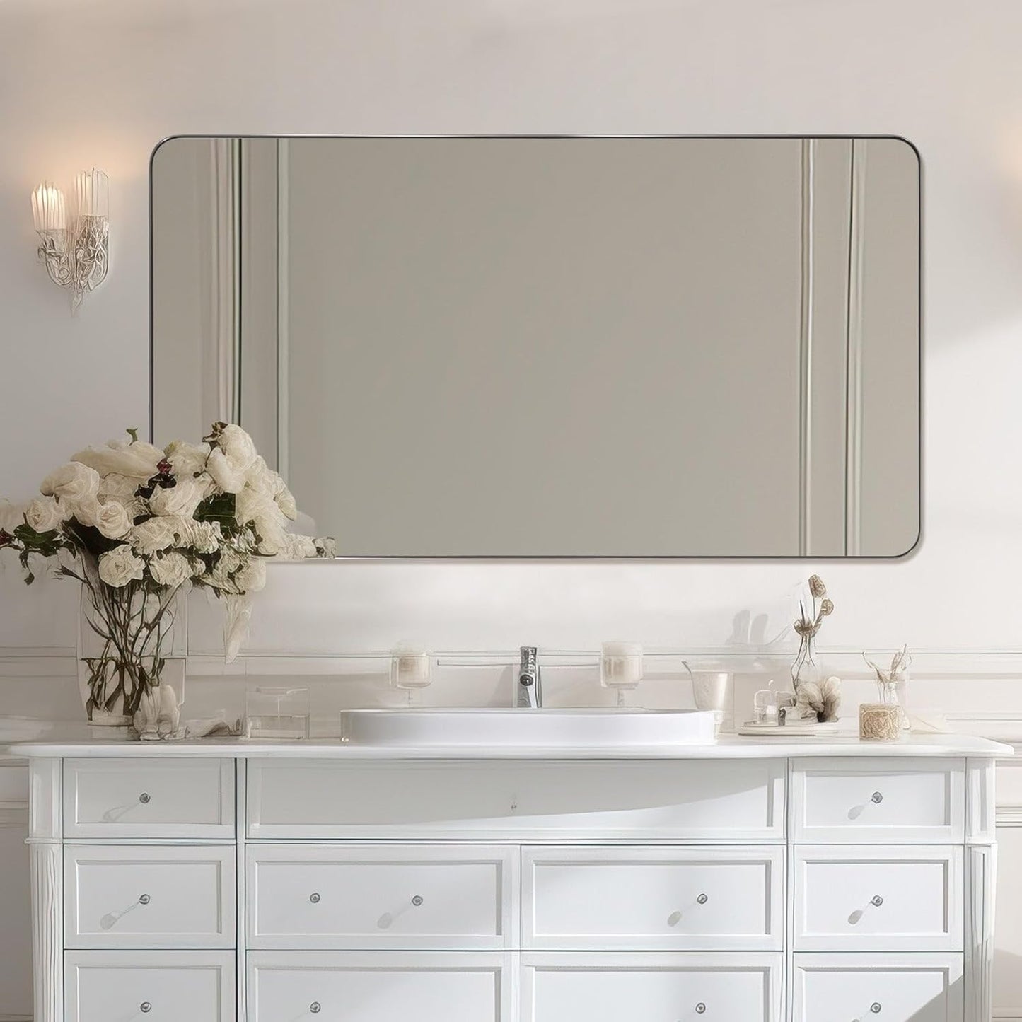 Brushed Nickel Bathroom Mirror, 24x40 Rounded Rectangle Mirror Modern Bathroom Vanity Mirror with Rustproof Alloy Aluminum Frame, Wall Mounted Vertically/Horizontally