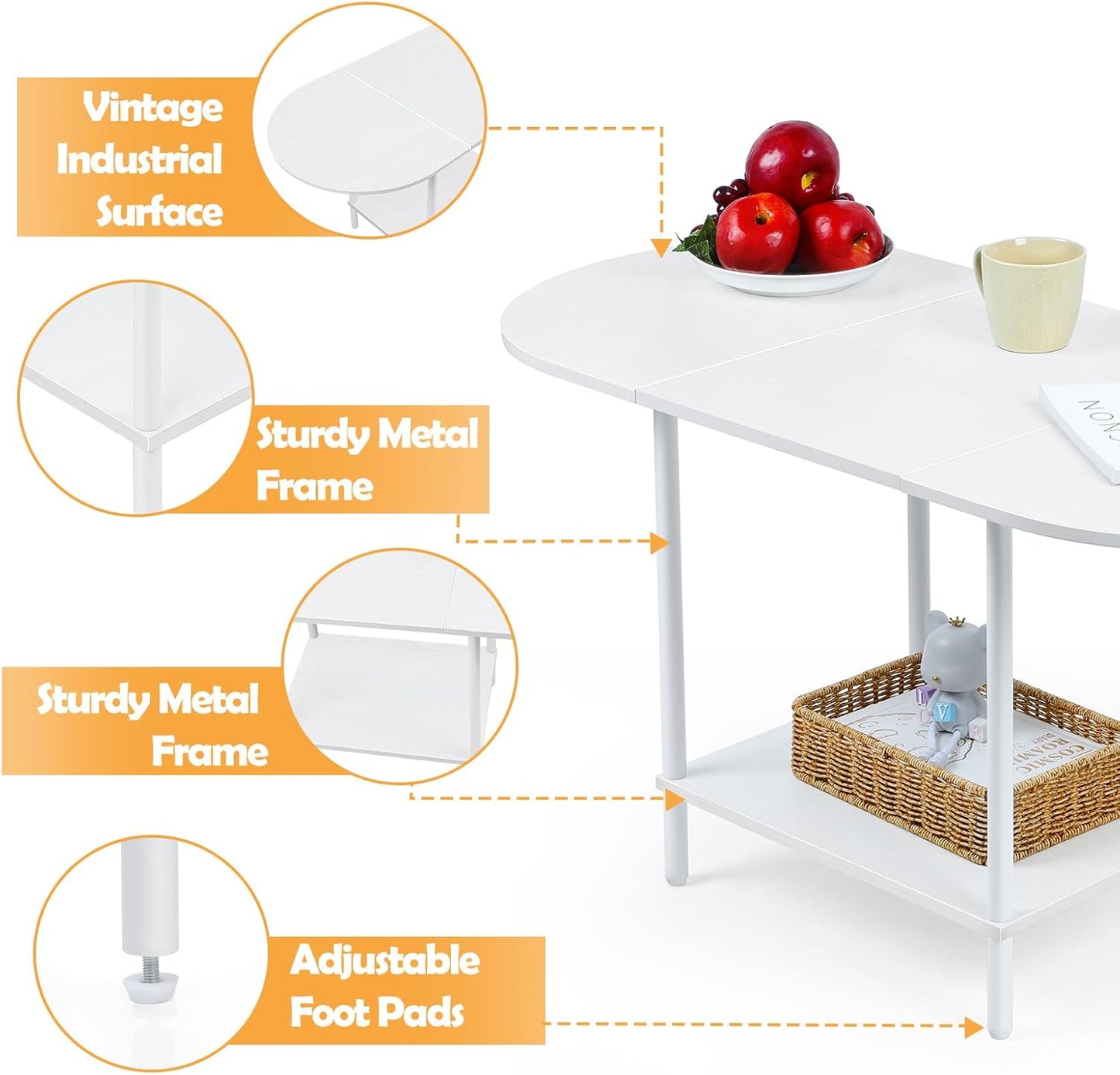 White Coffee Tables for Living Room,2-Tier Small Coffee Table Industrial Modern Oval Center Table with Storage Shelf and Wood Tabletop,for Small Space,Home Office