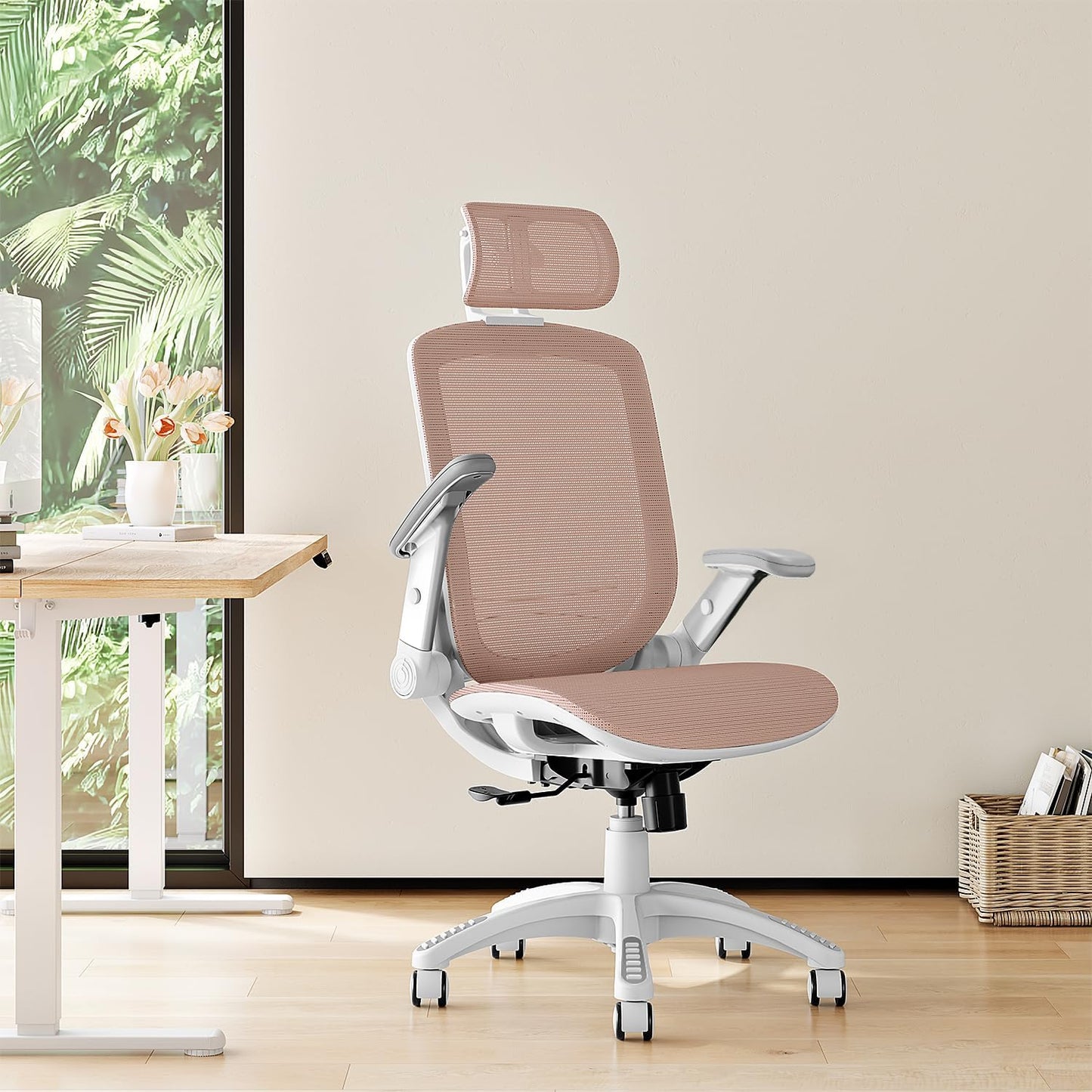 GABRYLLY Ergonomic Office Chair, High Back Home Desk Chair with Headrest, Flip-Up Arms, 90-120° Tilt Lock and Wide Cushion, 400LBS Mesh Chairs for Man Woman, White Task Chair(Pink,GY01WPK)