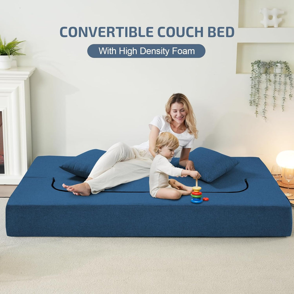 2-in-1 Folding Sofa Bed with Pillows - Folding Chair Floor Couch & Sleeping Mattress - Washable Cover & Memory Foam Sleeper Chair for Living Room/Guest Room/Apartment/Loft, Navy Blue, Twin XL