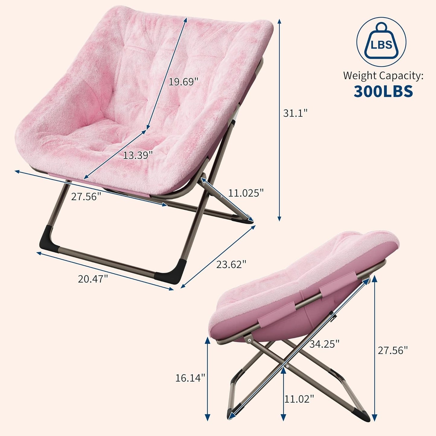 Comfy Chair for Adults, Foldable Living Room Chairs, Soft Faux Fur Folding Lounge for Bedroom Living Room Dorm Rooms, Flexible Reading Chair for Teens (2, Pink, Extra Large)