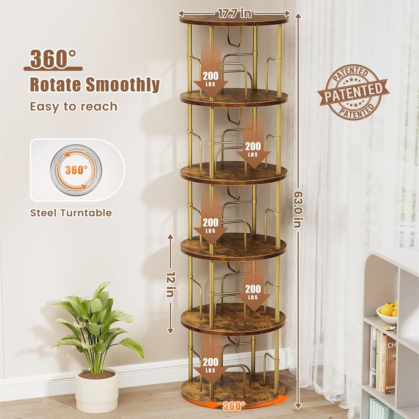 5 Tier Rotating Bookshelf, 360 ° Display Stackable Spinning Bookshelf Tower, Narrow Space Saving Tall Floor Standing Swivel Bookcase Corner Storage Organizer for Bedroom, Living Room, Gold