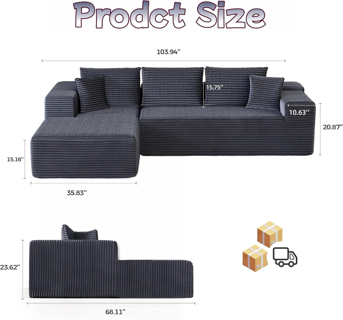 Cloud Sectional Couch, 104”L-Shape Large Oversized Sofa with Right Chaise Lounge, Modular Sleeper Couch with Pillows & Deep Seat, Flannel Velvet Compressed Sofa for Living Room, Dark Gray