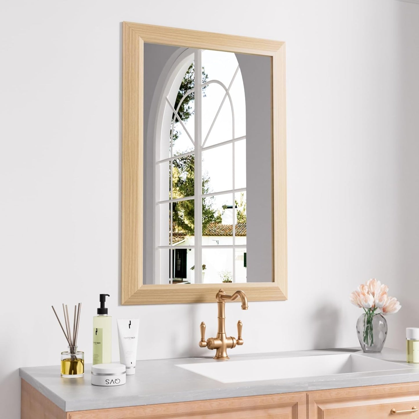 Amorho 20X30 Inch Bathroom Mirror for Wall, Oak Wood Grain Metal Framed Mirror, Anti-Rust, Hang Horizontally/Vertically, Suitable for Bedroom, Farmhouse, Bathroom, Decorative