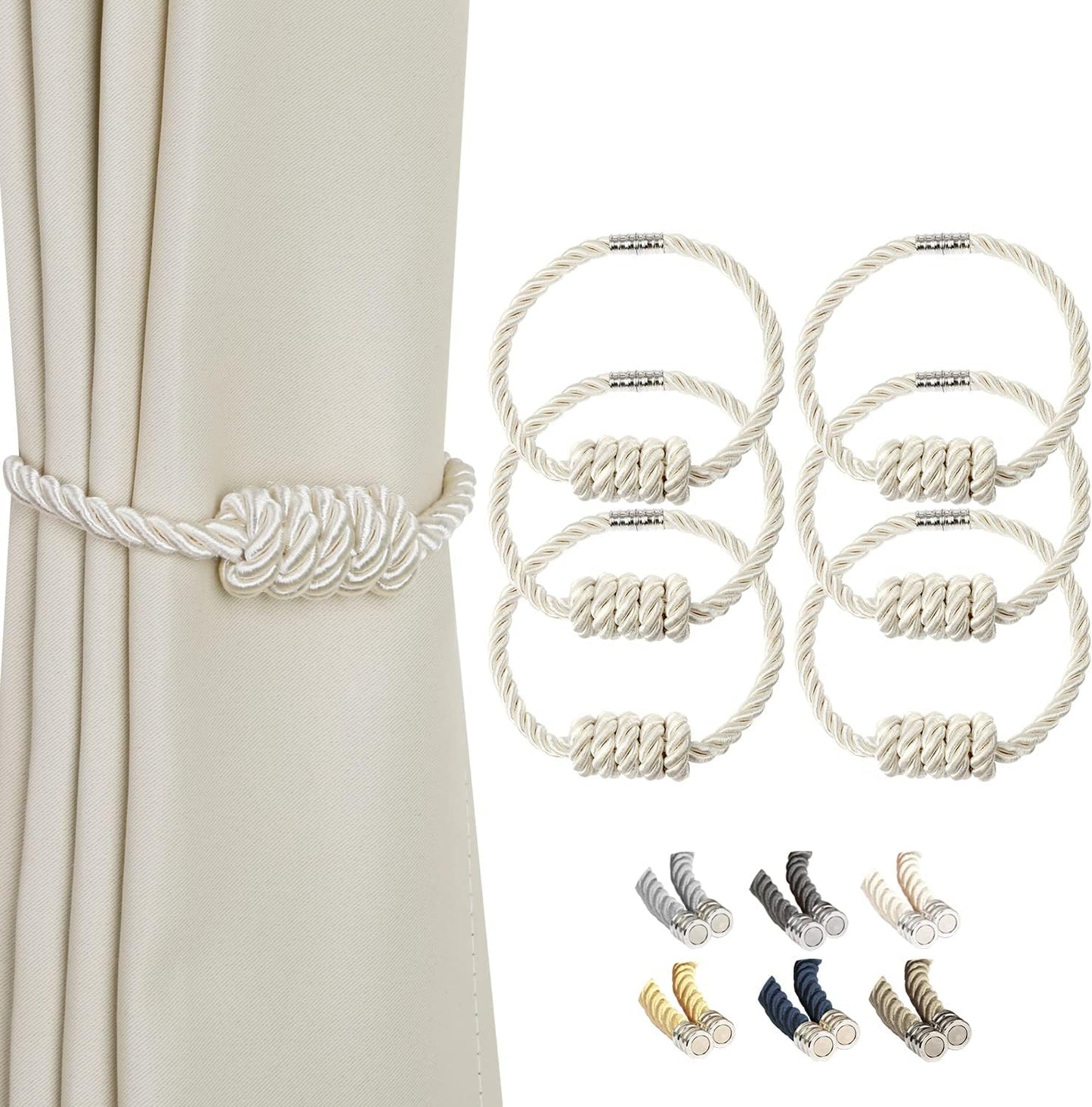BEL AVENIR Magnetic Curtain Tiebacks, Decorative Drapery Holdbacks Modern Woven Tie-Backs with Exquisite Knot (Beige, 6 Pack)
