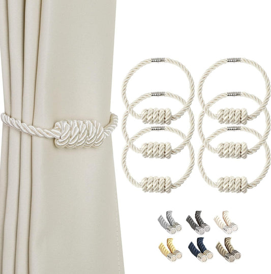 BEL AVENIR Magnetic Curtain Tiebacks, Decorative Drapery Holdbacks Modern Woven Tie-Backs with Exquisite Knot (Beige, 6 Pack)