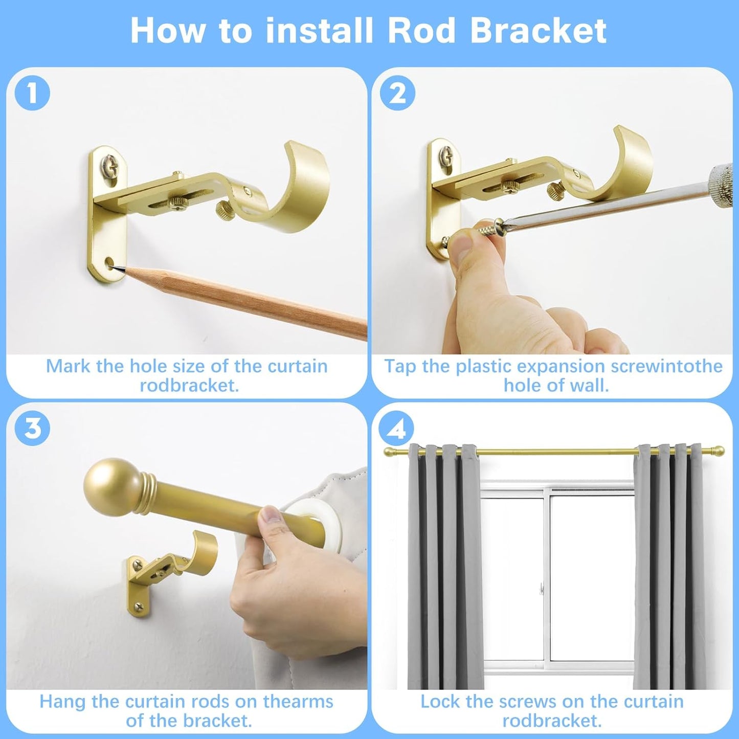 Curtain Rods for Windows 16 to 120 Inches, Curtain Rod Max Adjustable Length of 132 IN, 1" Diameter Drapery Rods Round Finials, Warm Gold, Pack of 1