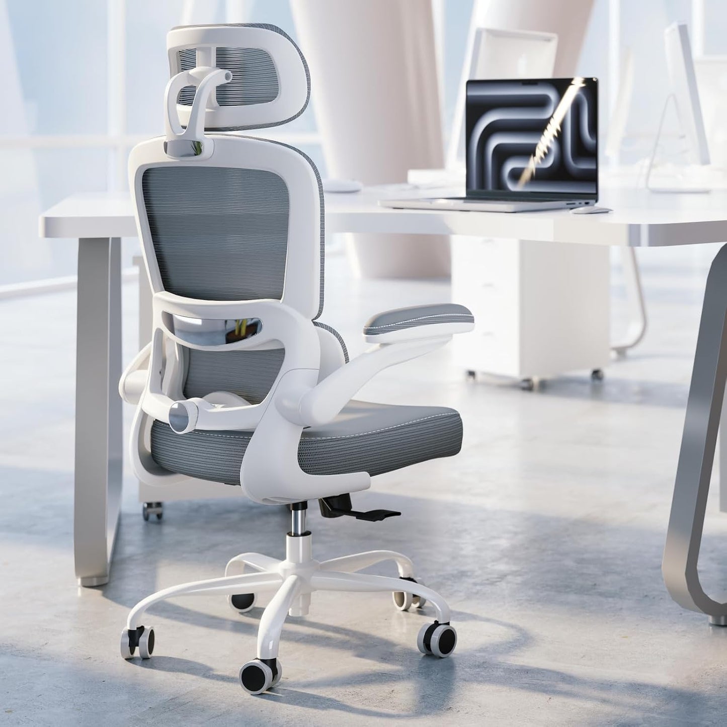 TRALT Ergonomic Office Chair - Desk Chair with Adjustable Headrest Lumbar Support Computer Chair - Mesh Comfy Chair with Flip-up Armrests - Gaming Chairs for Adults Home Office (Leather, Grey)